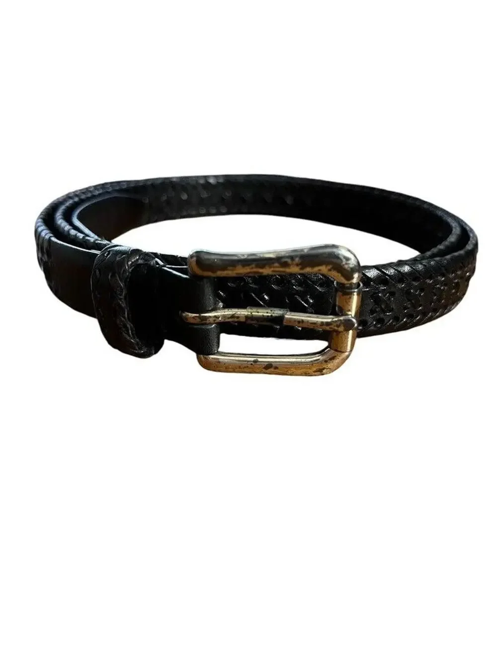 Talbots Womens Black Woven Leather Adjustable Belt Solid Brass Buckle XL 36-41